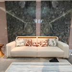 Modern Luxury Seating Collection with 3D Relief Craftsmanship, Natural Wood Veneer, Gold Stainless Steel Accents & Integrated Ambient Lighting